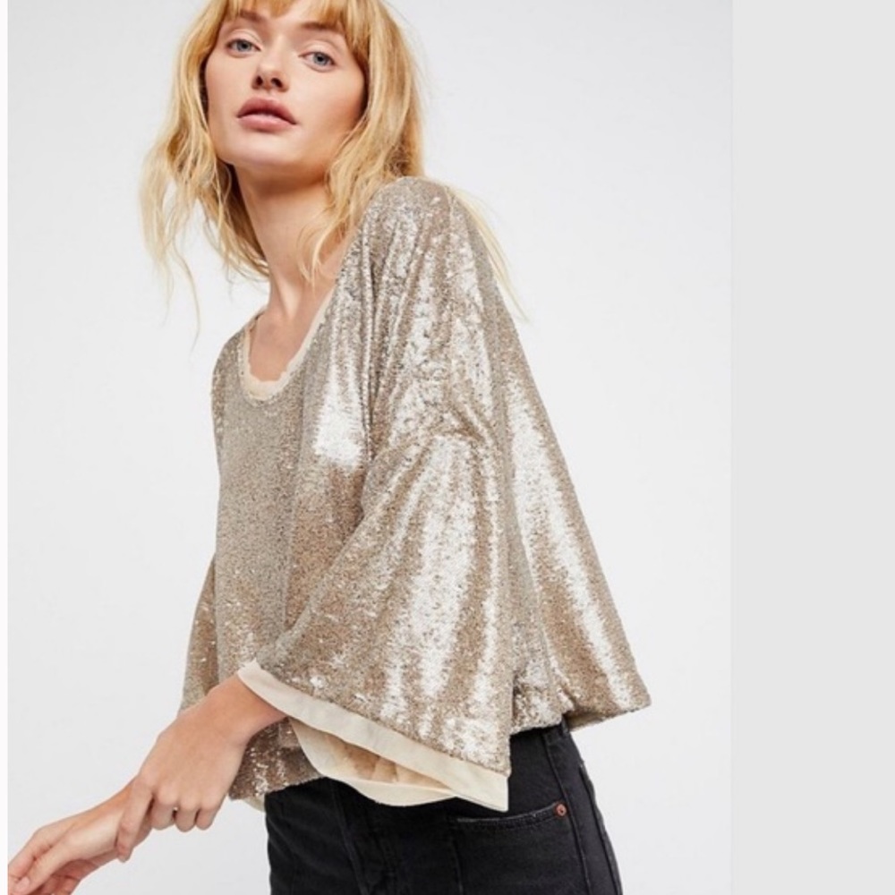 Free People Champagne Dreams Sequined Scoop Neck Oversized Cropped Tee Top New